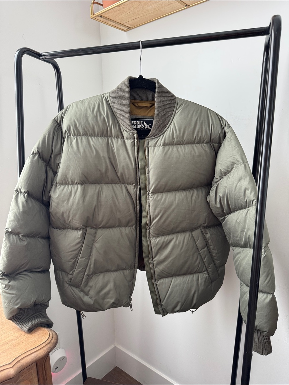 Eddie Bauer Olive Green Quilted Puffer Bomber Jacket